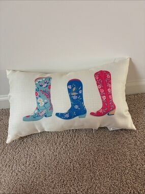 Decorative Cowgirl Boots Throw Pillow - White with Teal, Blue & Pink Boots